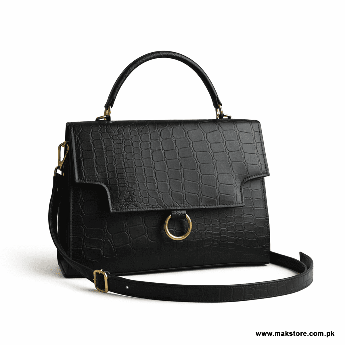 Black Crocodile Embossed Ring Bag for Women